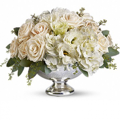 <div class="m-pdp-tabs-description">
<div id="mark-1" class="m-pdp-tabs-marketing-description">Treat your guests to elegance with this dazzling arrangement of crème roses, white hydrangea and white lisianthus presented in a brilliant vase. It's a lovely choice for any special occasion, from weddings to anniversaries.</div>
</div>
<p id="arrngDescp">This arrangement presents a soft mix of crème roses, white hydrangea and white lisianthus accented with seeded eucalyptus.</p>