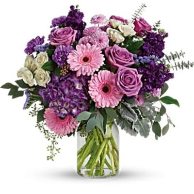 <div id="mark-3" class="m-pdp-tabs-marketing-description">Bring beauty to any occasion with the deep purples and playful pinks of this breathtaking bouquet.</div>
<div id="desc-3">
<ul>
 	<li>This magnificent bouquet features purple hydrangea, lavender roses, crème spray roses, pink gerberas, lavender carnations, purple stock, lavender cushion spray chrysanthemums, lavender sinuata statice, dusty miller, spiral eucalyptus, seeded eucalyptus, silver dollar eucalyptus, and lemon leaf.</li>
</ul>
</div>