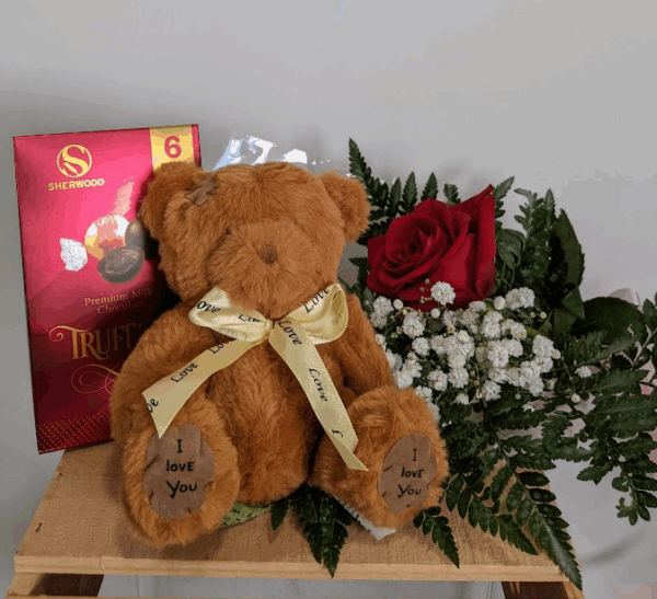 Spectacular Single Rose with Teddy bear and chocolate truffles
